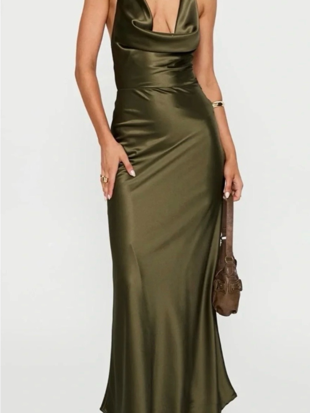 Cowl Neck Olive Satin Maxi Dress